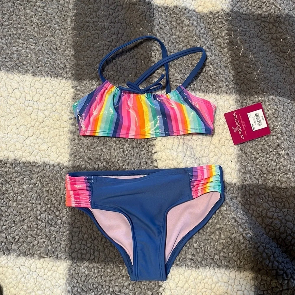 New Girl’s Rainbow Stripe Bikini Size 4/5 SPF 50+ Rashguard NWT